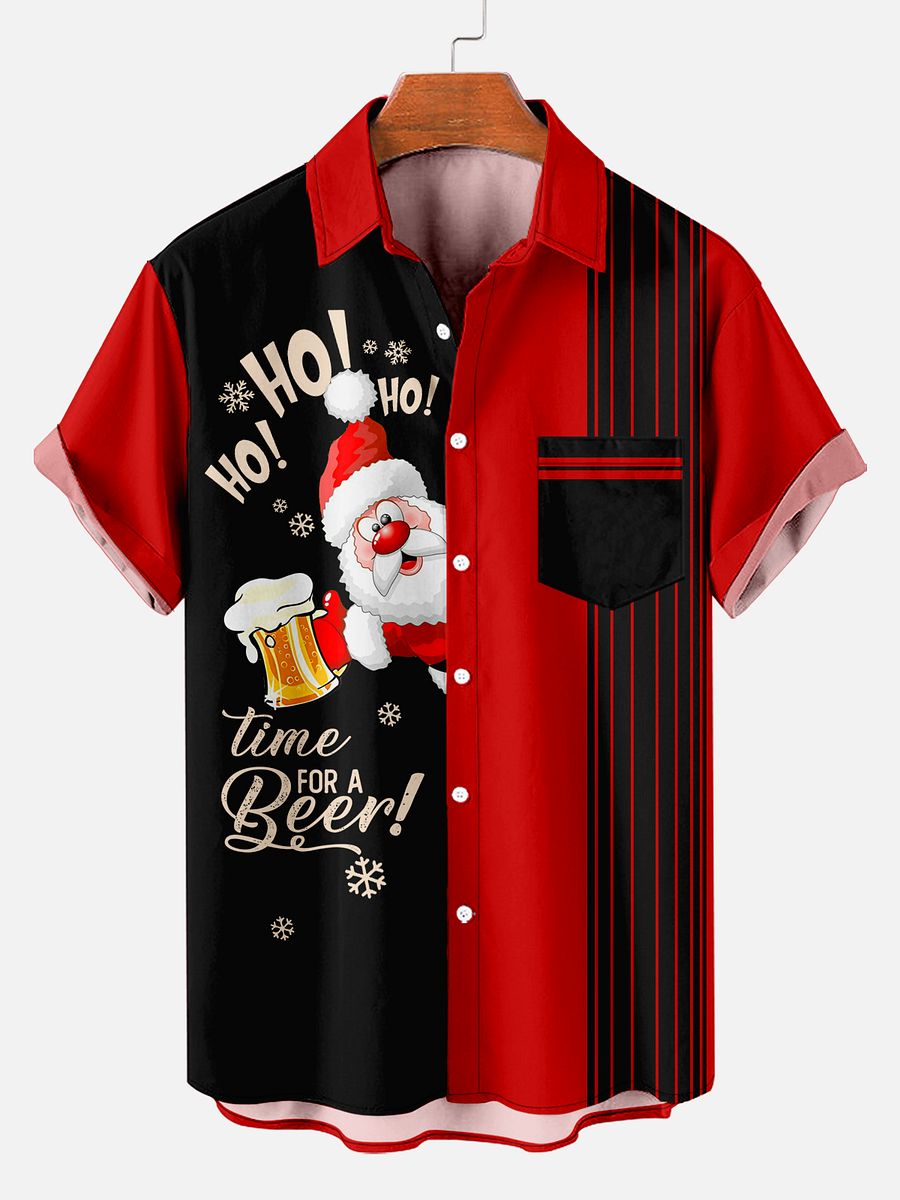 Men's Comfy Christmas Beer Chest Pocket Print Shirt