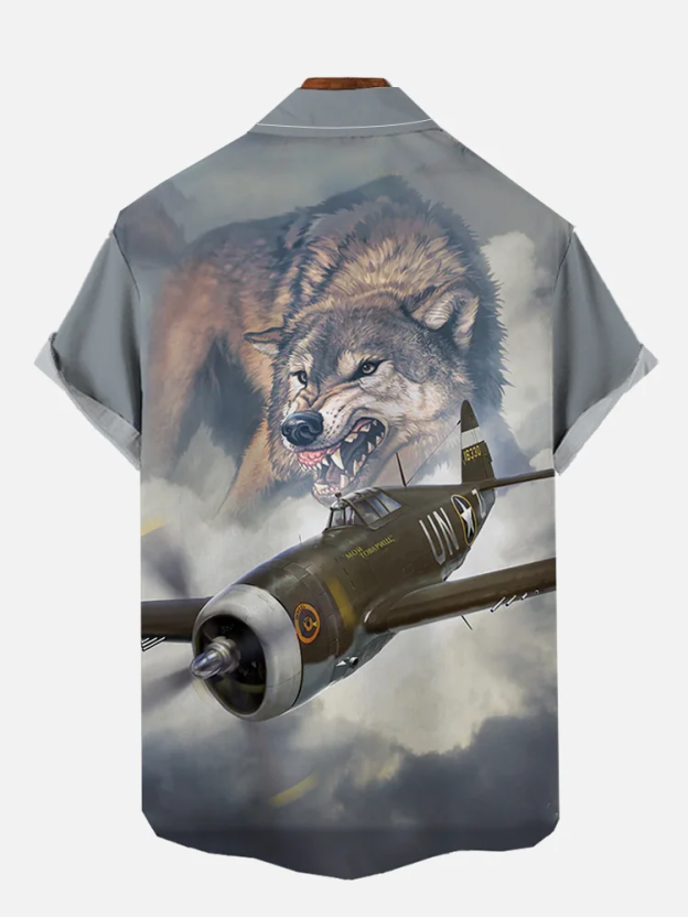 Men's Gray Fighter and Wolf Print Short Sleeve Shirt