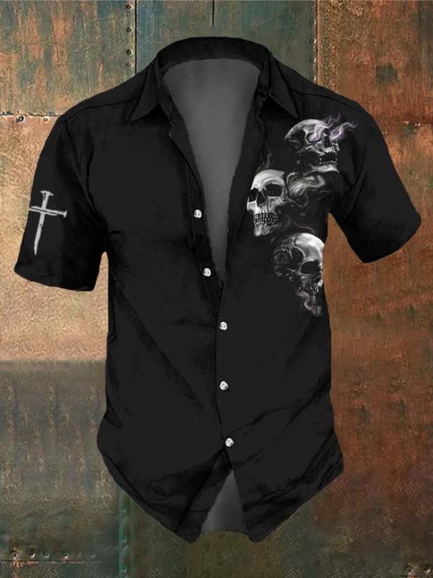 Men's Retro Dark Style Skull Print Shirt