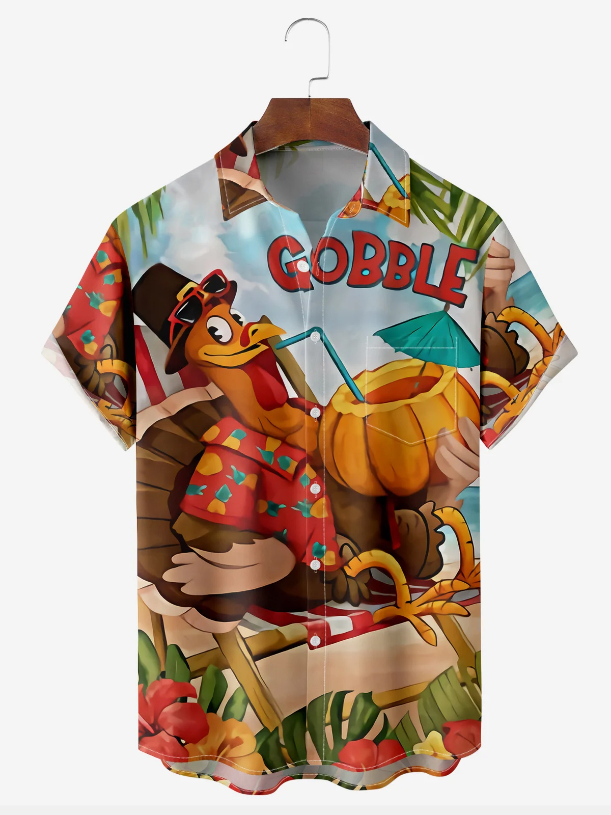 Men's Causal Turkey Vacation in Gobble Cartoon Print Lapel Short Sleeve Shirt