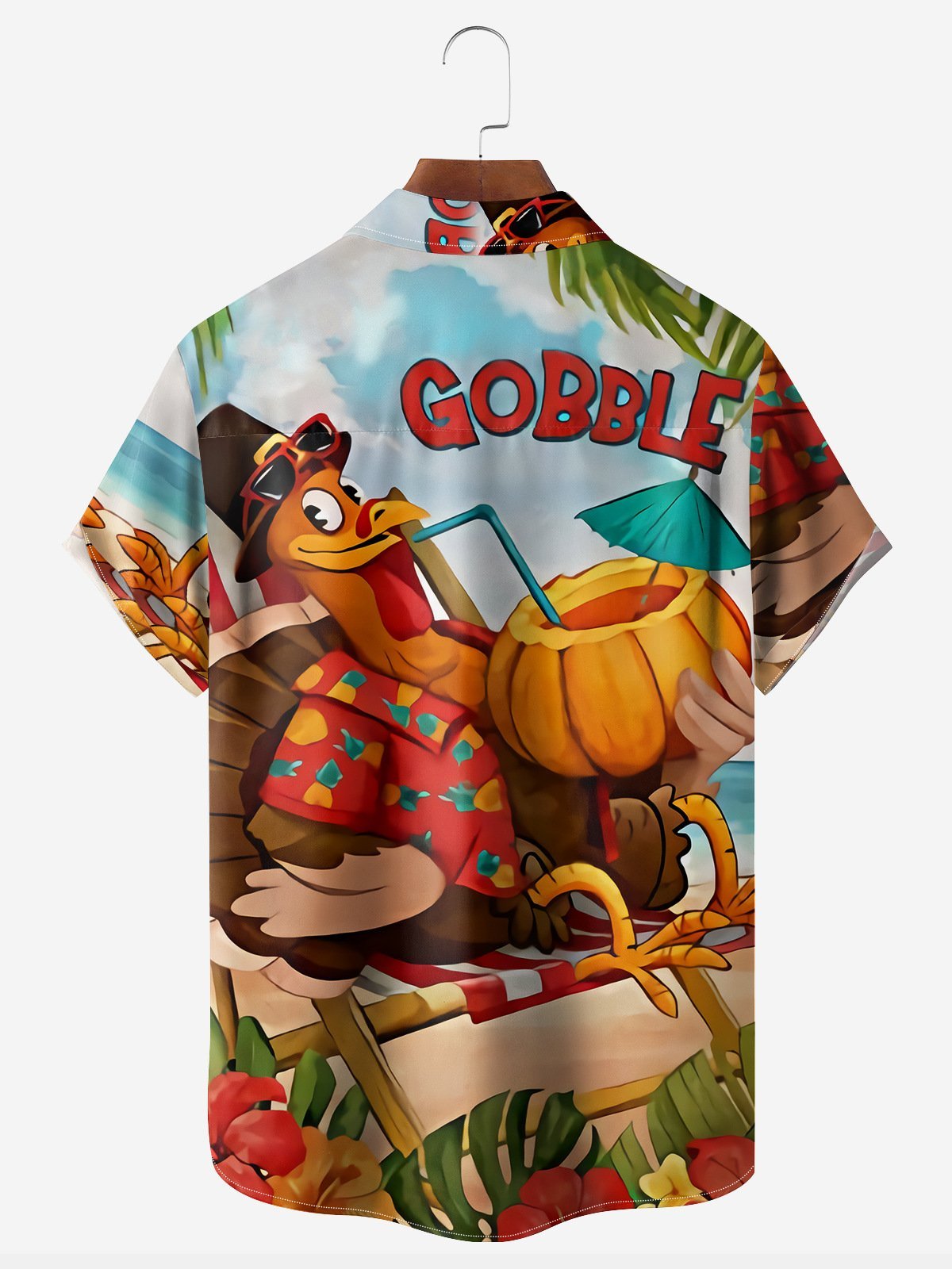 Men's Causal Turkey Vacation in Gobble Cartoon Print Lapel Short Sleeve Shirt