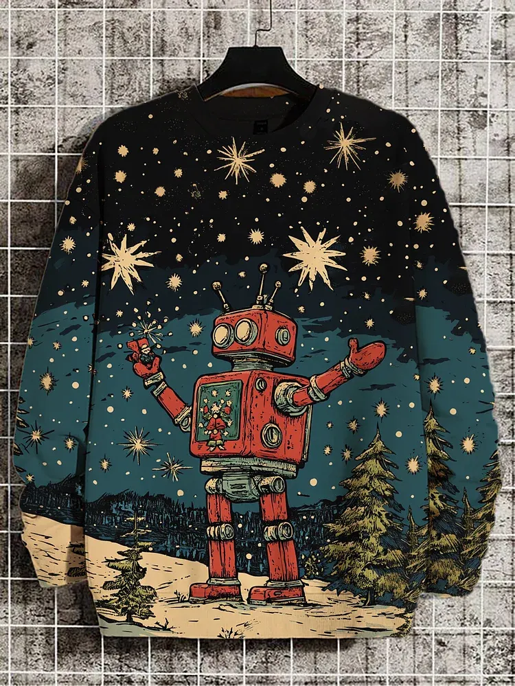 Men's Retro Robot Christmas Snowflakes Art Print Casual Sweatshirt