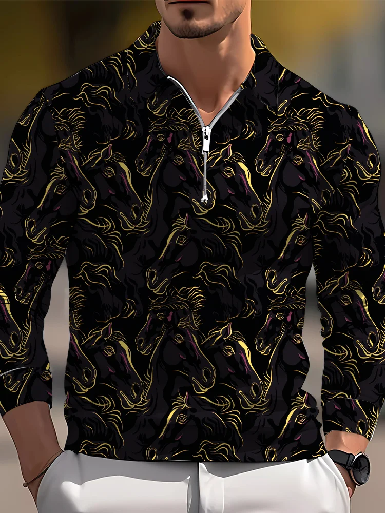 Men's casual art graphic zip long sleeve polo shirt