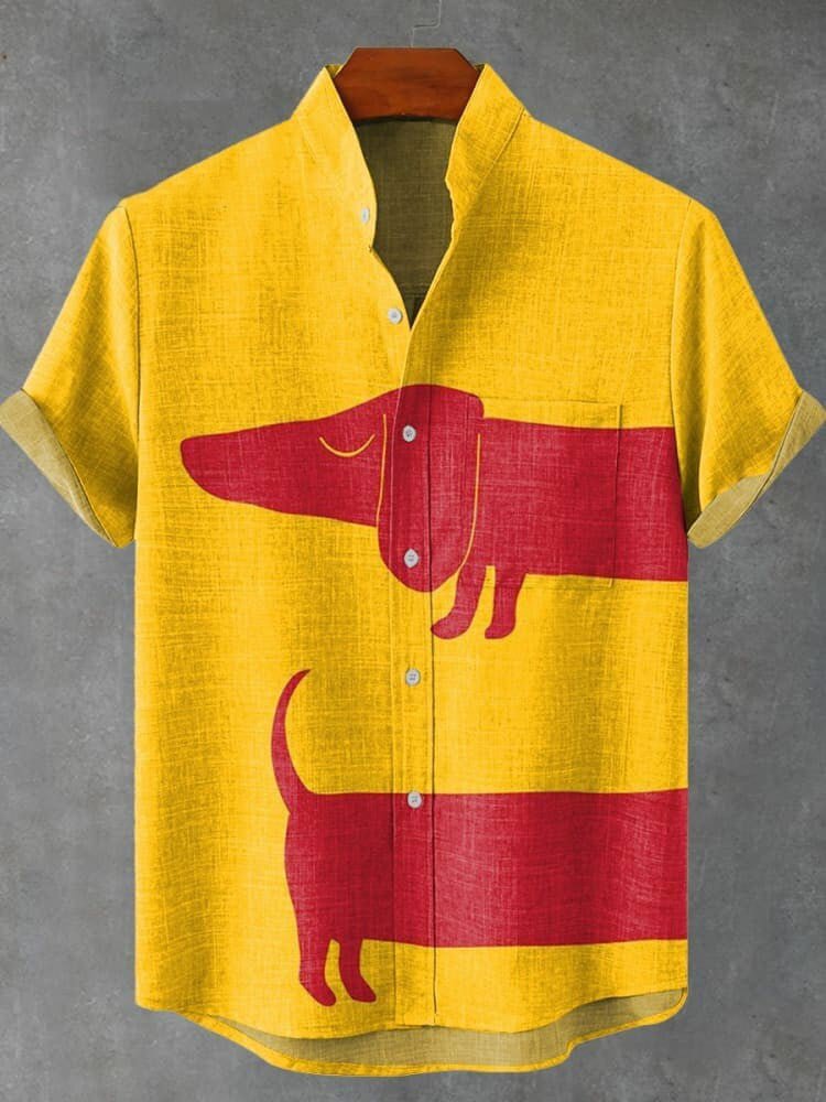 Men's Dachshund Dog Contrast Color Art Print Linen Blend Short Sleeve Shirt