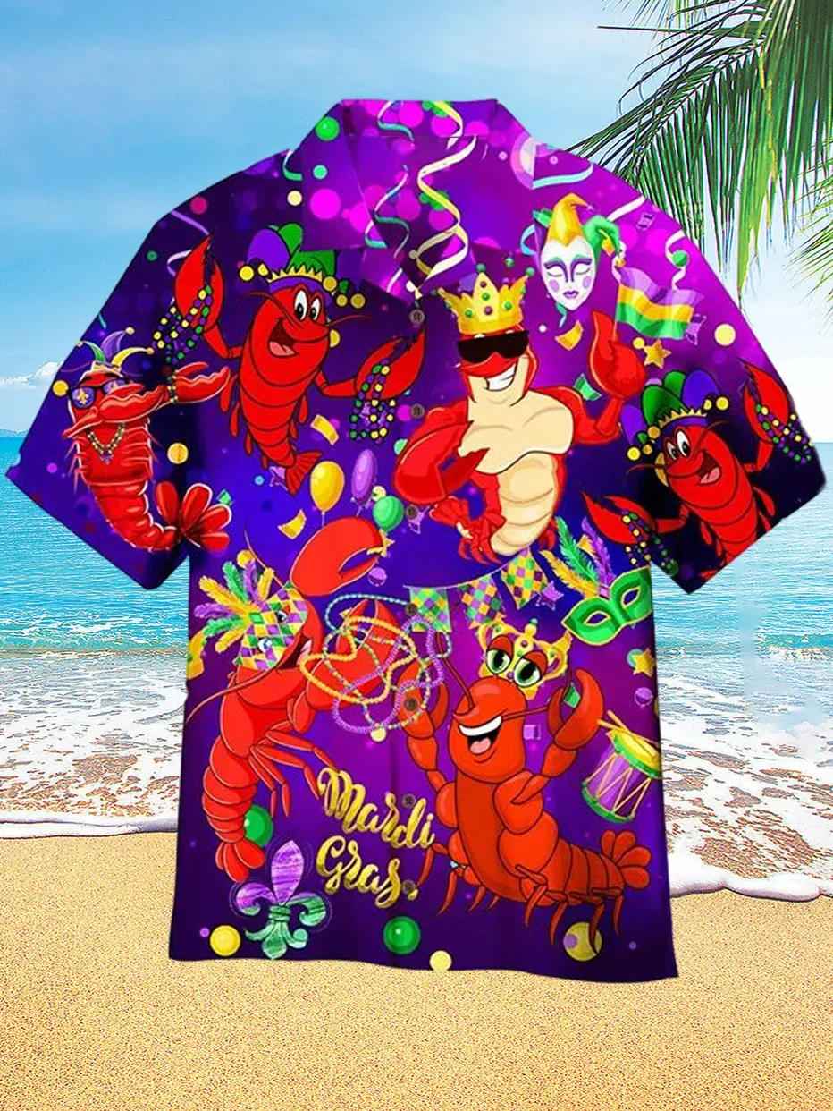 Mardi Gras Fun Crawfish Graphic Print Hawaiian Party Short Sleeve Shir