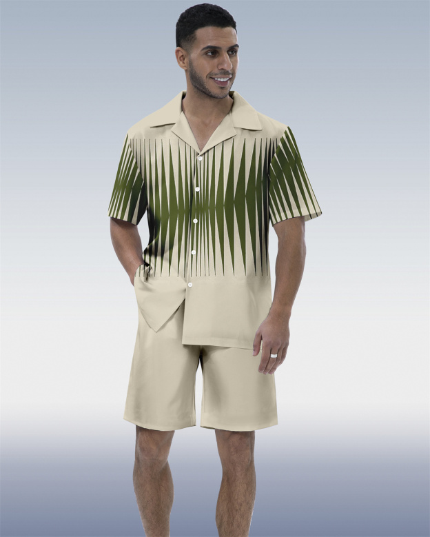Men's Colorblock Geometric Hawaiian Cuban Collar Short Sleeve Shirt Set