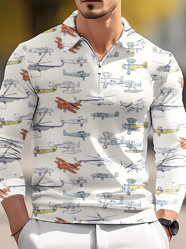 Men's casual art graphic zip long sleeve polo shirt