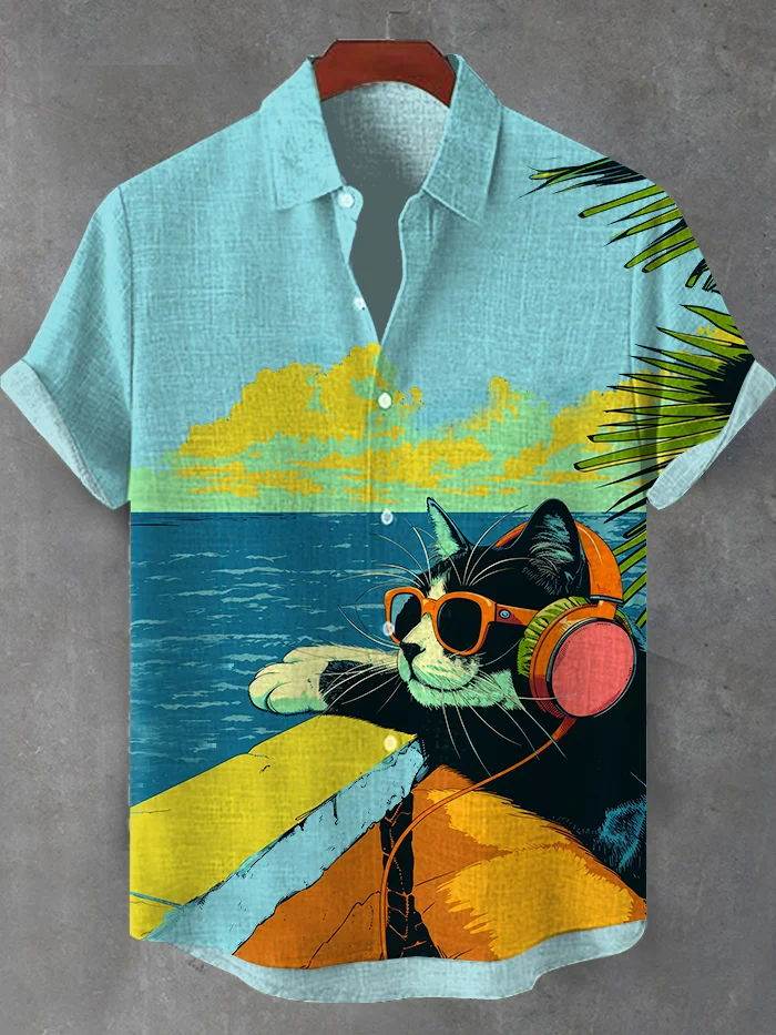 Men's music & sea Cat Theme Retro Cartoon Shirt