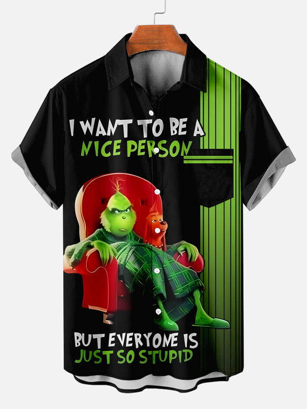 Men's Comfy Christmas Green Furry Monster Print Shirt