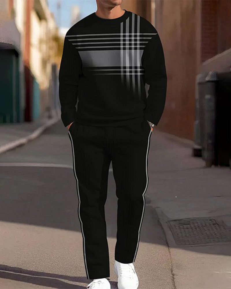 Men's Simple Colorblock Round Neck Casual Sports Set 0133