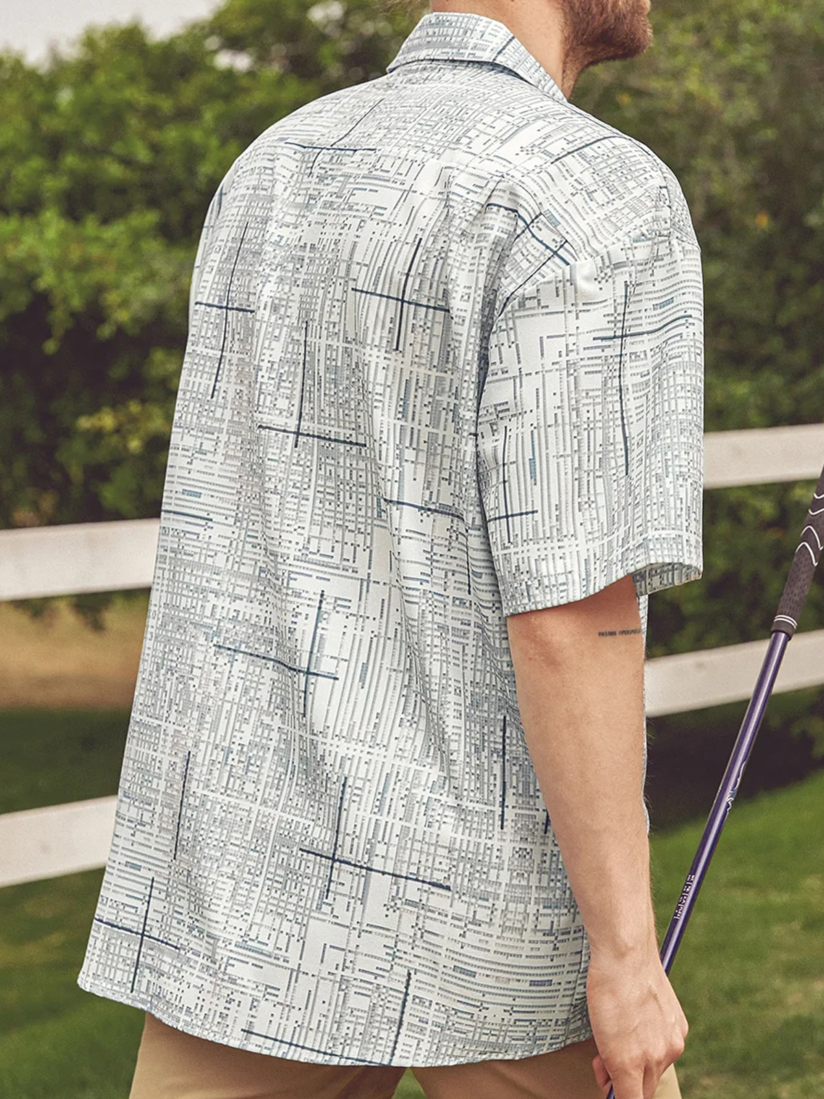 Men's casual geometric gray abstract pocket short sleeved shirt