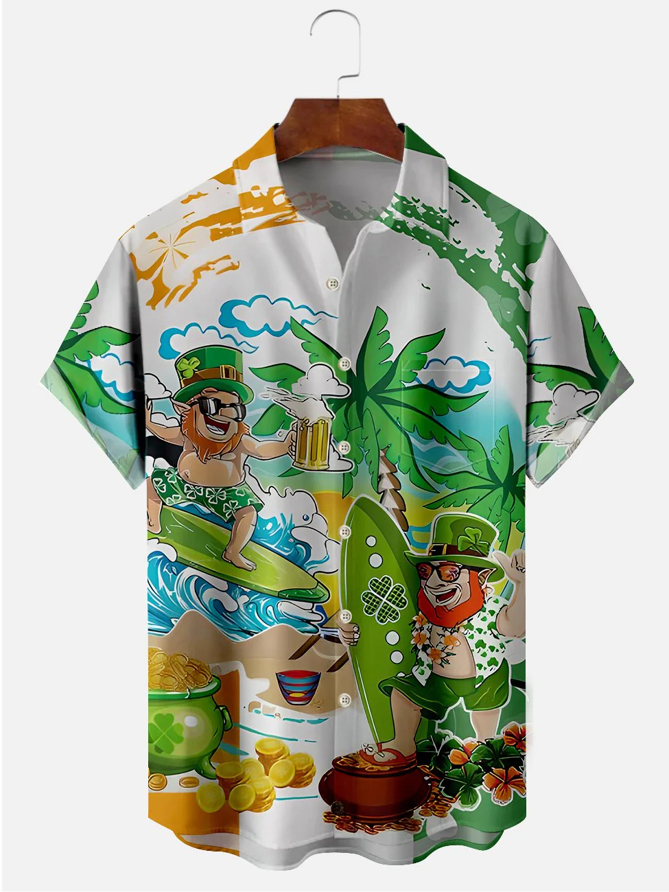 Men's St. Patrick's Day cartoon dwarf print casual short sleeved pocket shirt