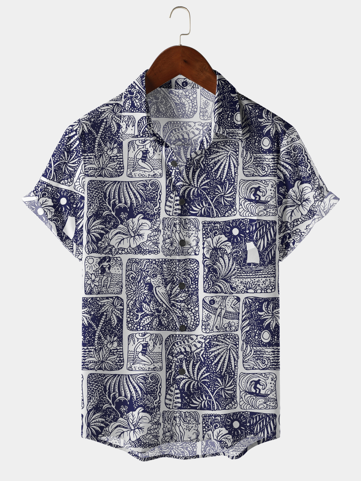 Men's casual patterned beach patchwork printed lapel pocket Hawaiian shirt