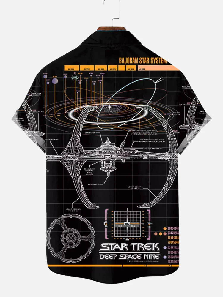 Men's Deep Space Science Fiction Starship Blueprint Flip Collar Short Sleeve Shirt