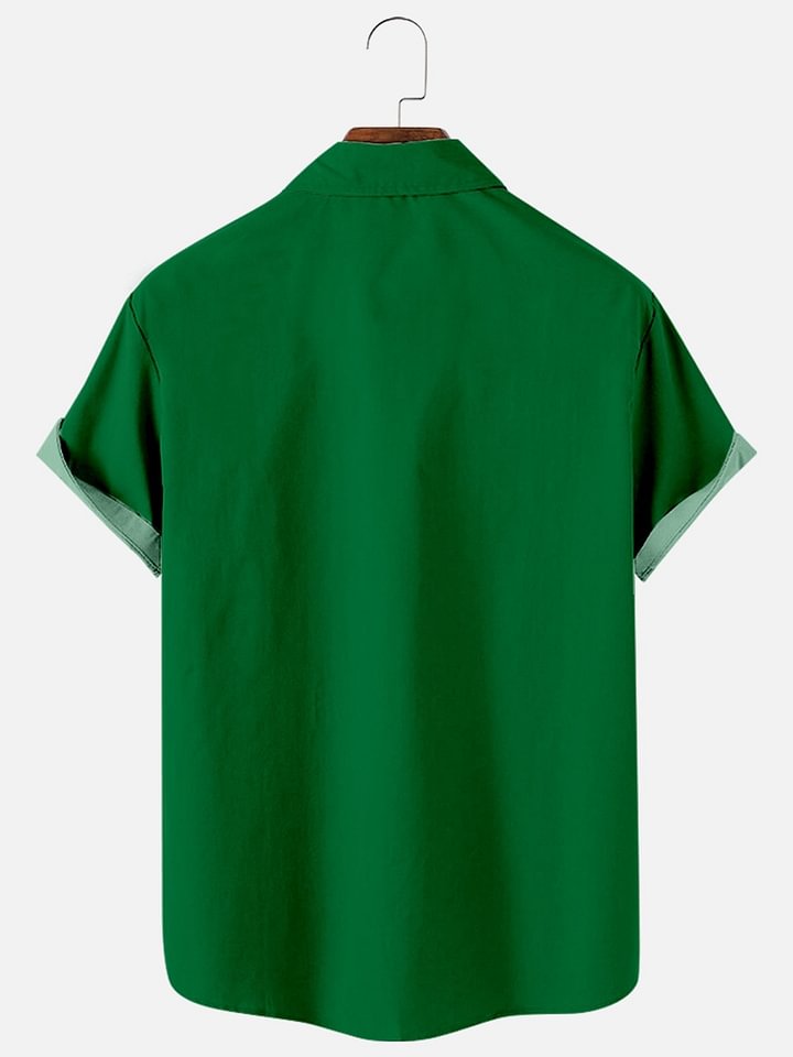 Men's creative design St. Patrick's Day hat print collar short sleeved pocket shirt