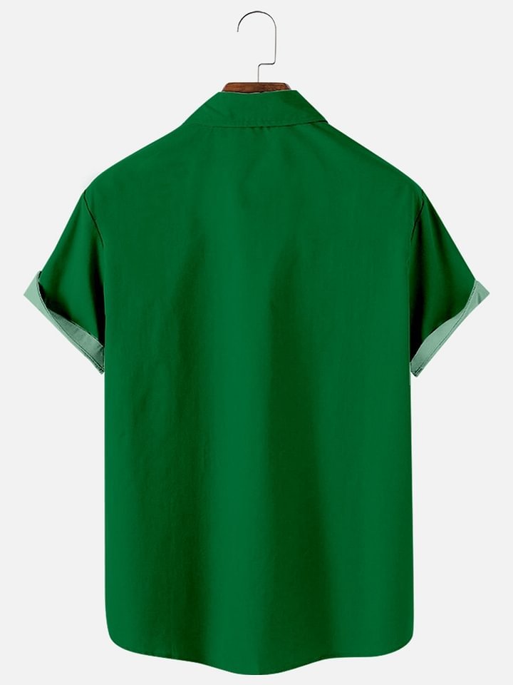 Men's creative design St. Patrick's Day hat print collar short sleeved pocket shirt