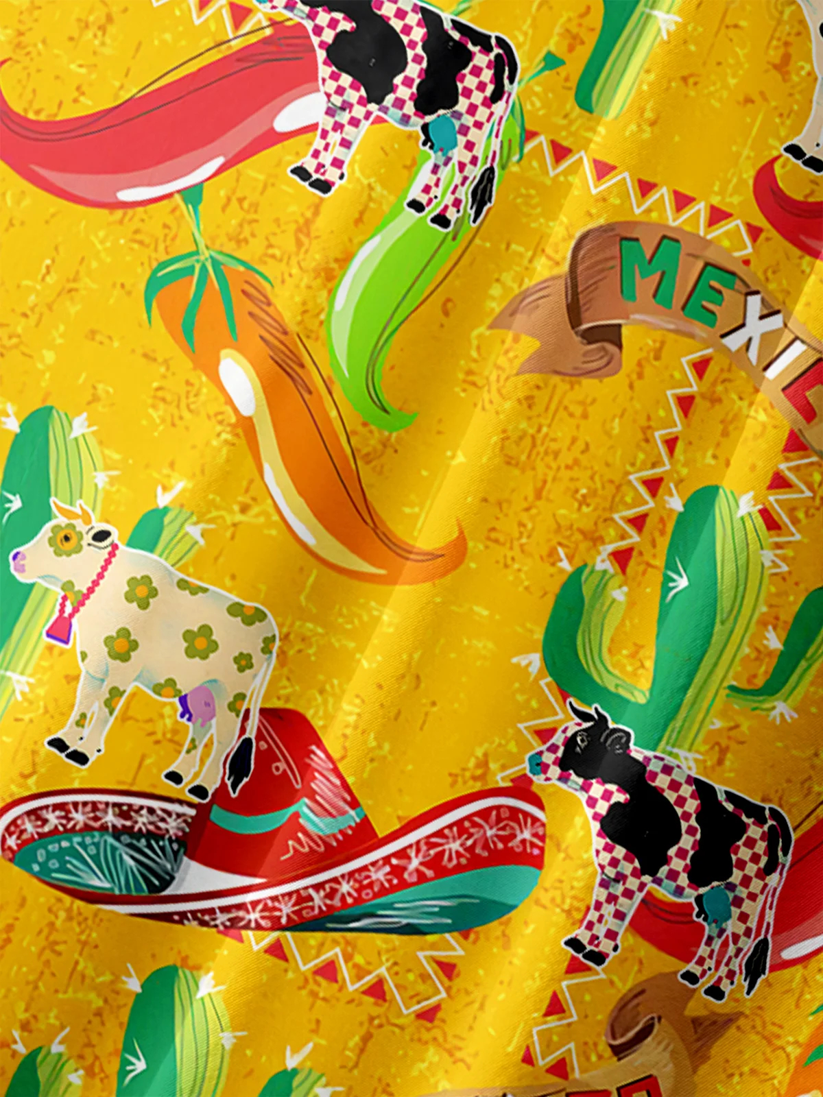 Men's Mexican Cactus Cow Casual Short Sleeved Pocket Shirt