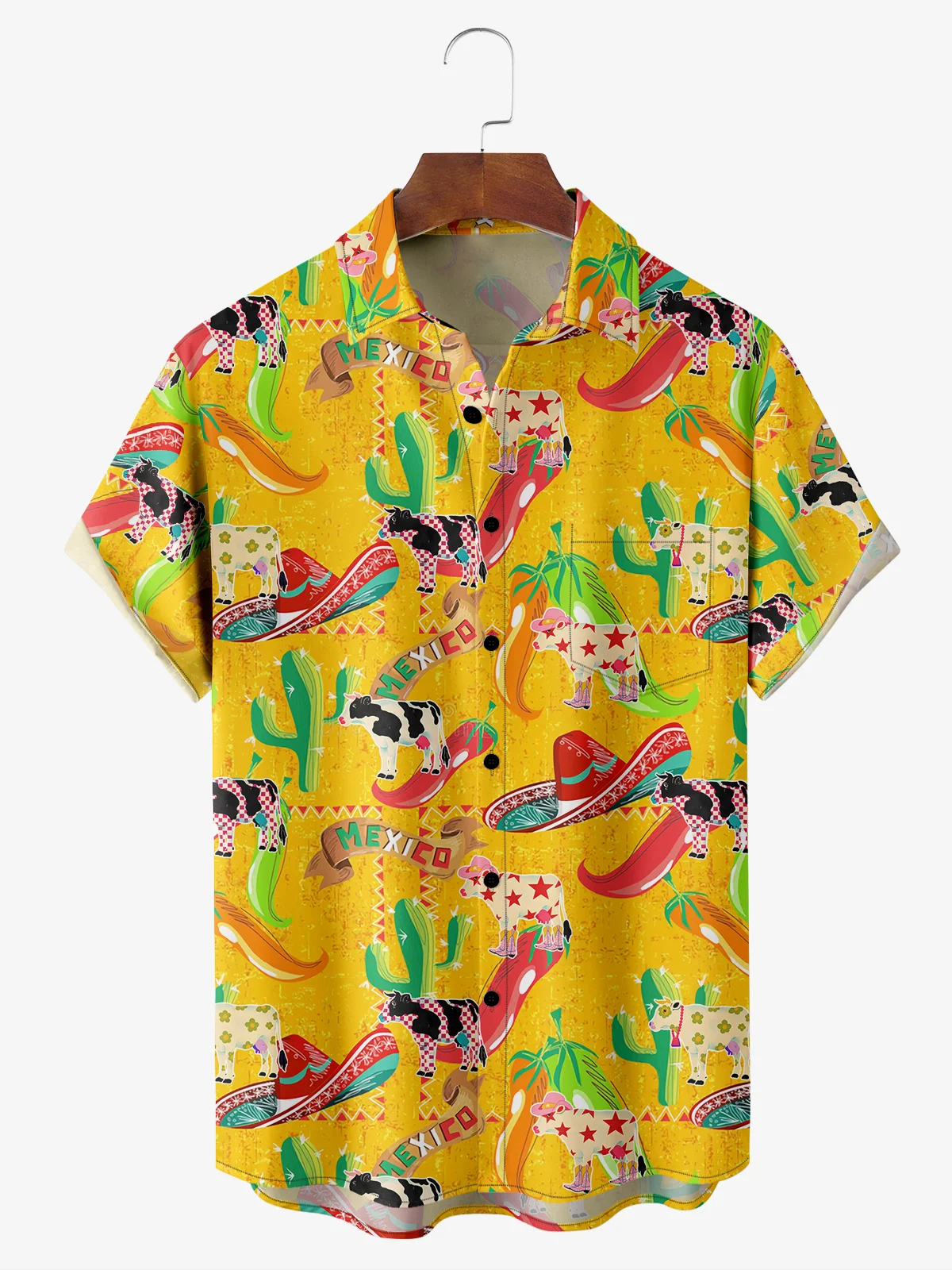 Men's Mexican Cactus Cow Casual Short Sleeved Pocket Shirt