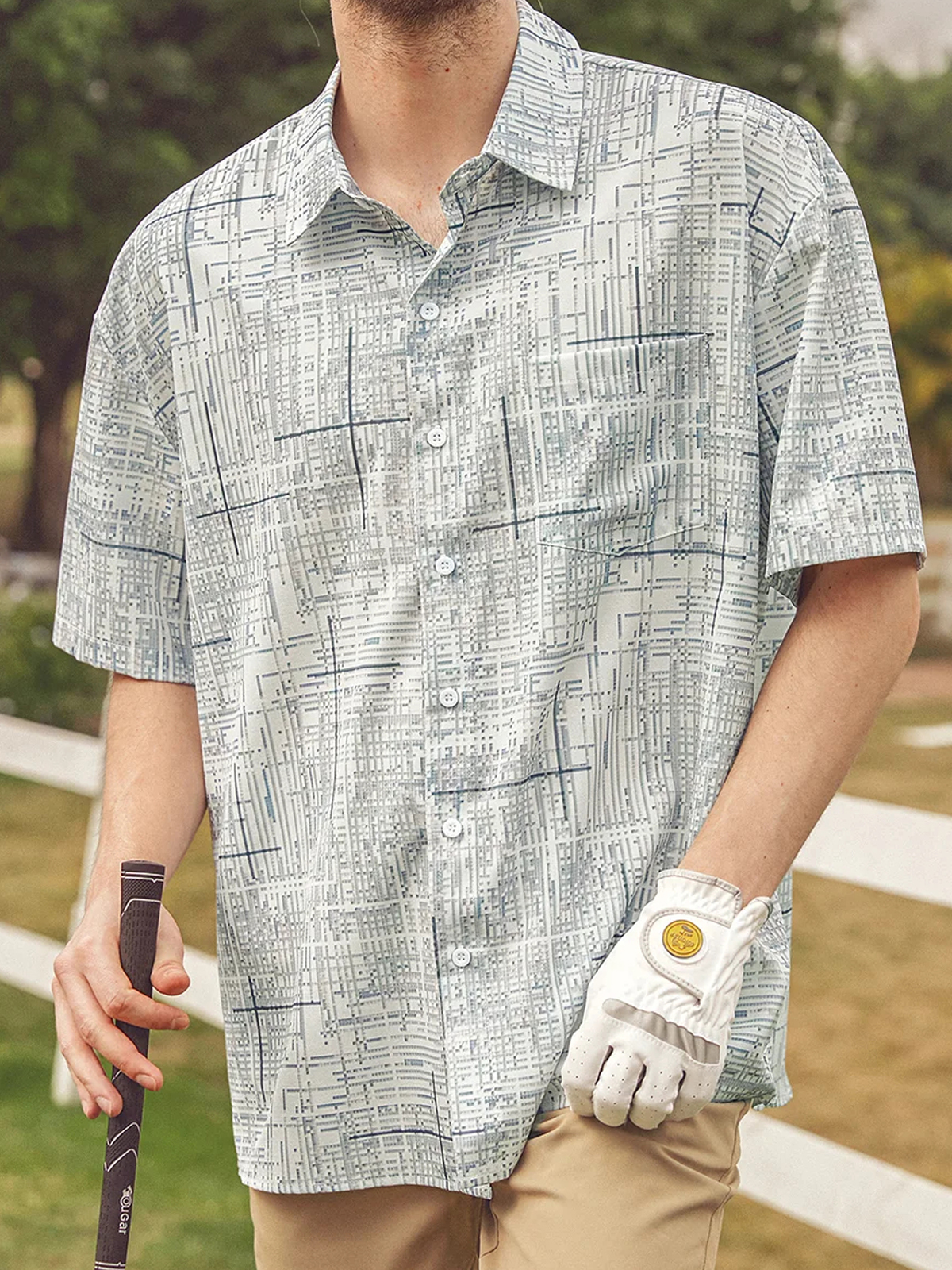 Men's casual geometric gray abstract pocket short sleeved shirt