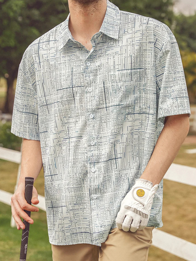 Men's casual geometric gray abstract pocket short sleeved shirt