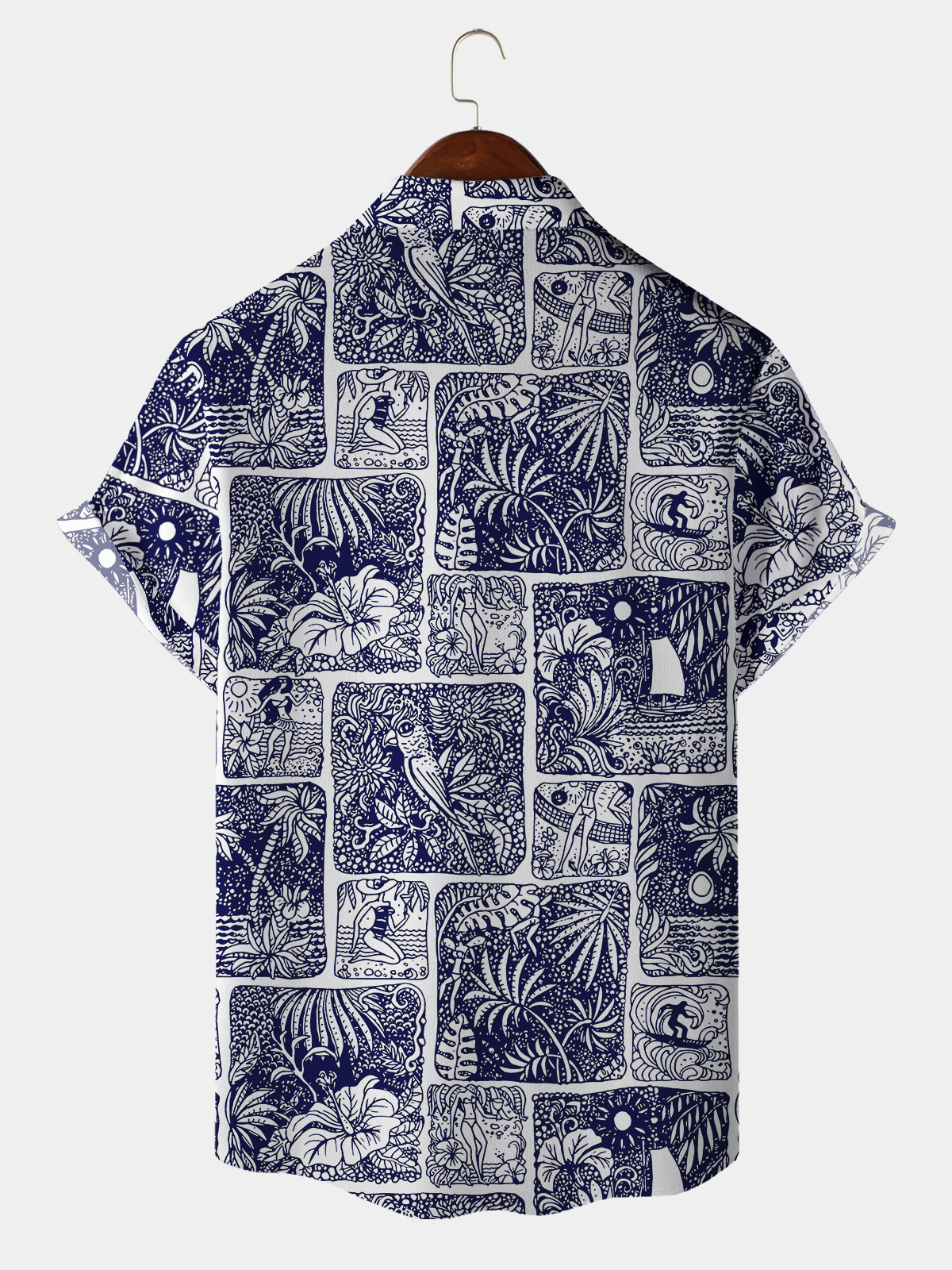 Men's casual patterned beach patchwork printed lapel pocket Hawaiian shirt