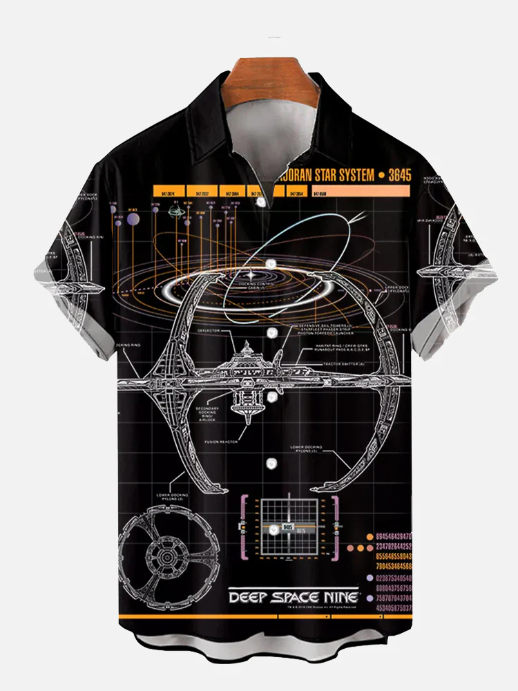 Men's Deep Space Science Fiction Starship Blueprint Flip Collar Short Sleeve Shirt