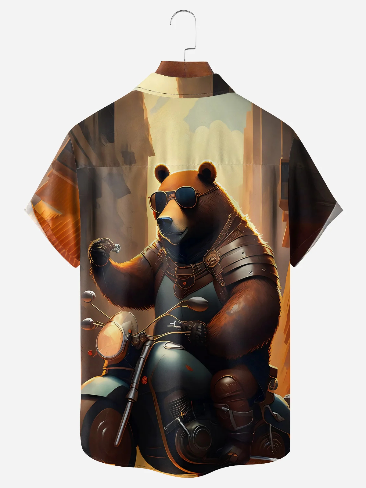Men's fun casual cartoon motorcycle bear short sleeved pocket shirt