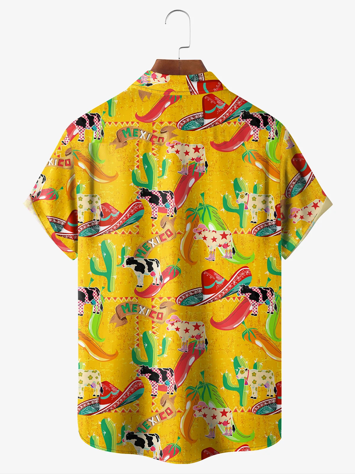 Men's Mexican Cactus Cow Casual Short Sleeved Pocket Shirt
