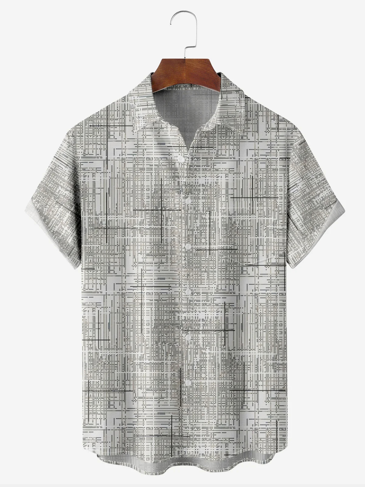 Men's casual geometric gray abstract pocket short sleeved shirt