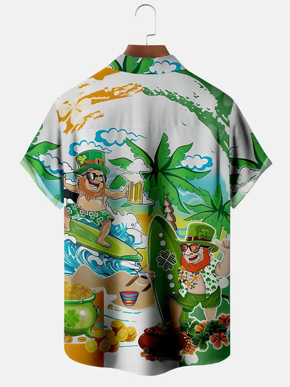 Men's St. Patrick's Day cartoon dwarf print casual short sleeved pocket shirt