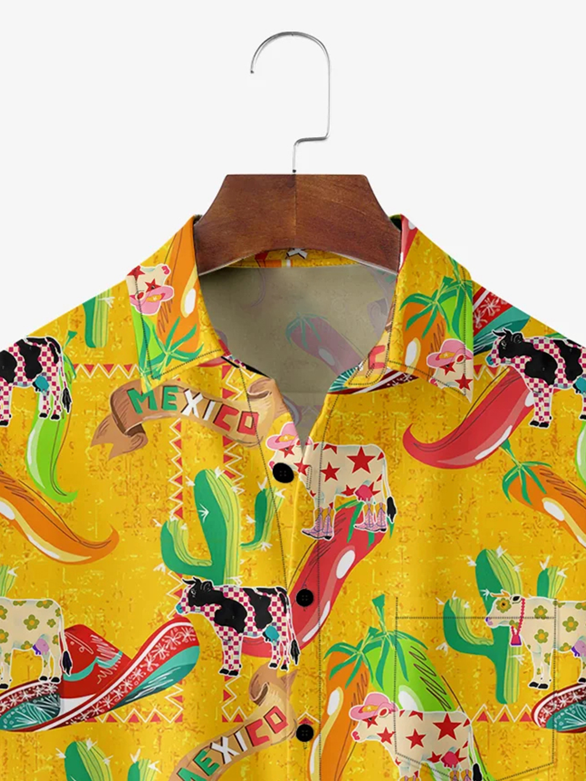 Men's Mexican Cactus Cow Casual Short Sleeved Pocket Shirt