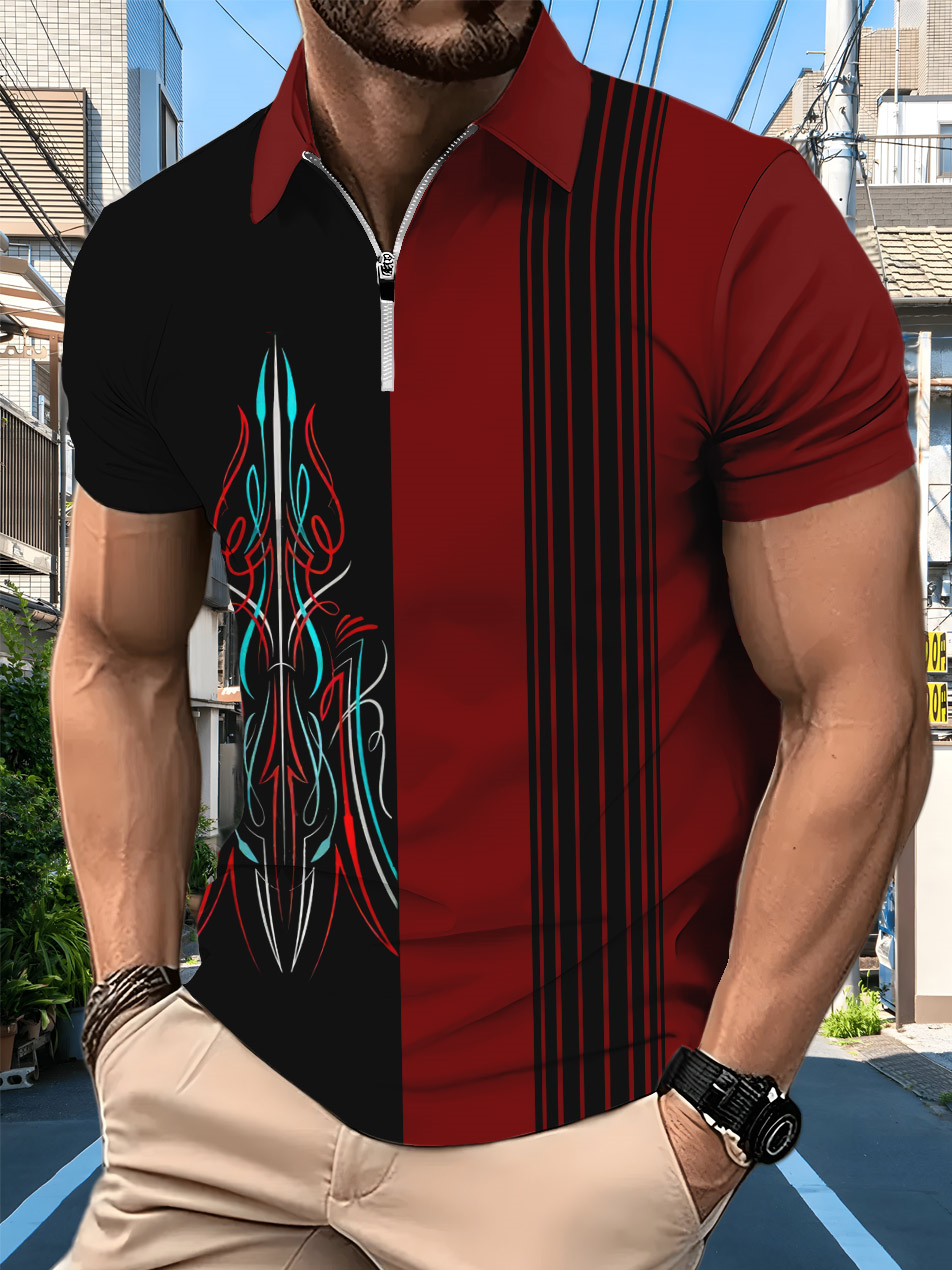 Men's retro cartoon car graphic illustration short sleeve zipper polo shirt