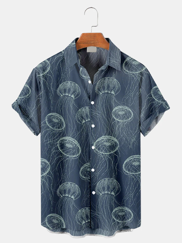 Men's Casual Sea Life Jellyfish Graphic Short Sleeve Shirt