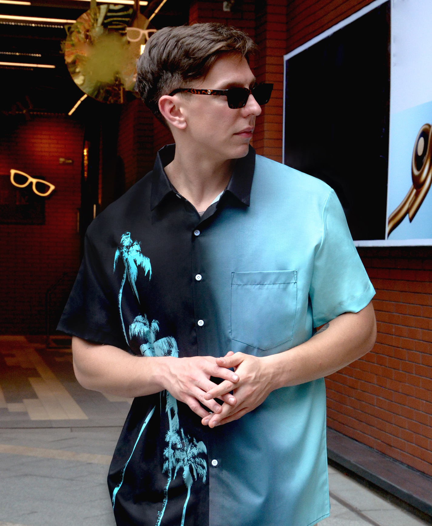 Men's Hawaiian Shirt, Short Sleeve Button Down, Palm Tree Print, Black and Turquoise Gradient