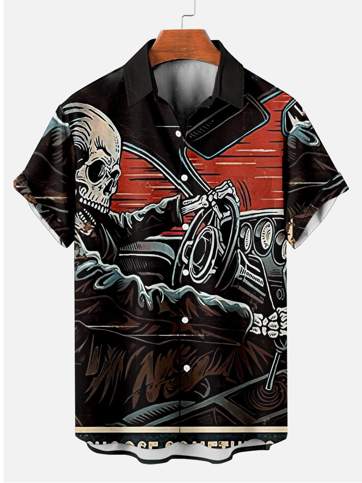 Reggae music skull pattern vacation casual short sleeved shirt