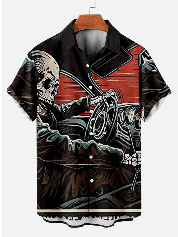 Reggae music skull pattern vacation casual short sleeved shirt