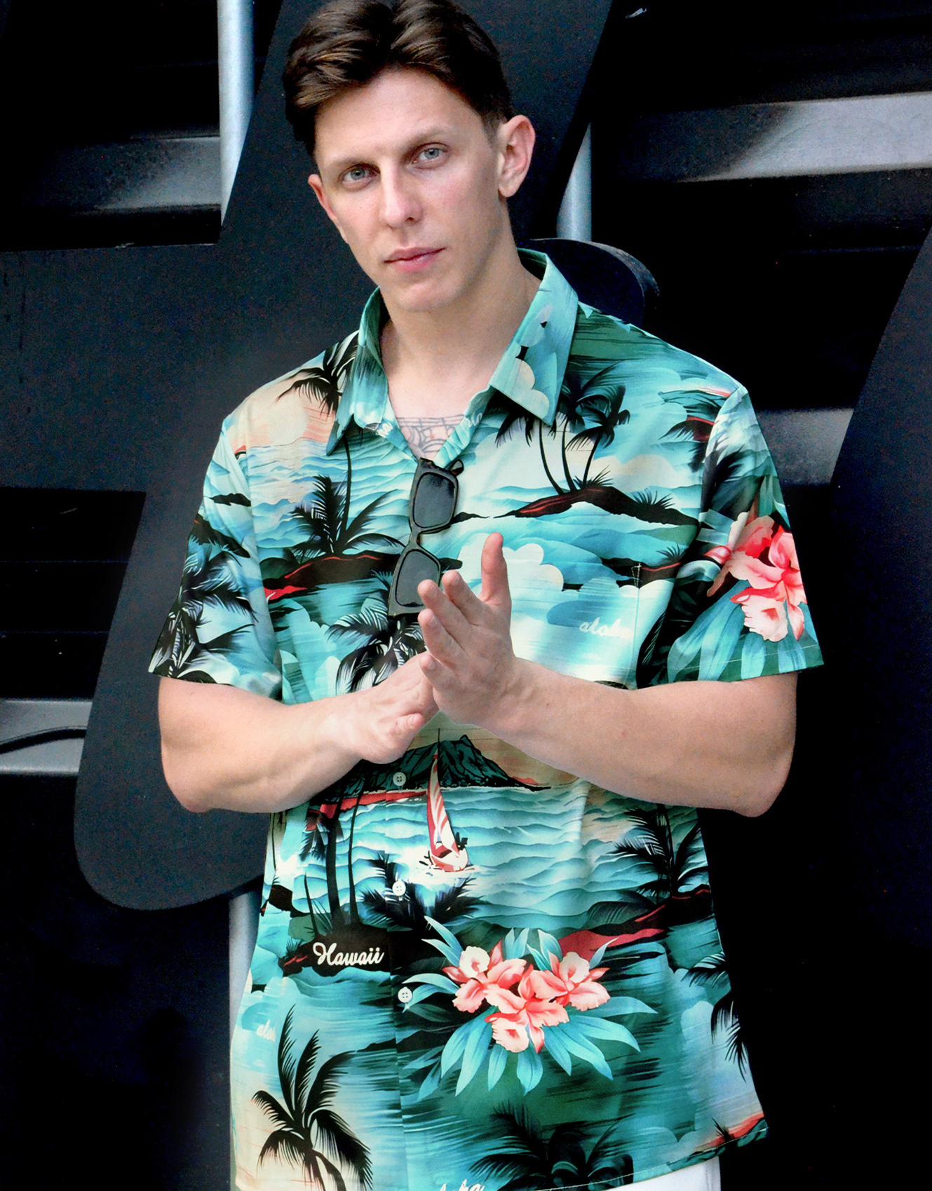 Men's Summer Hawaiian Aloha Shirt, Tropical Palm Beach Print, Short Sleeve Button Down, Turquoise Casual Bowling Shirt