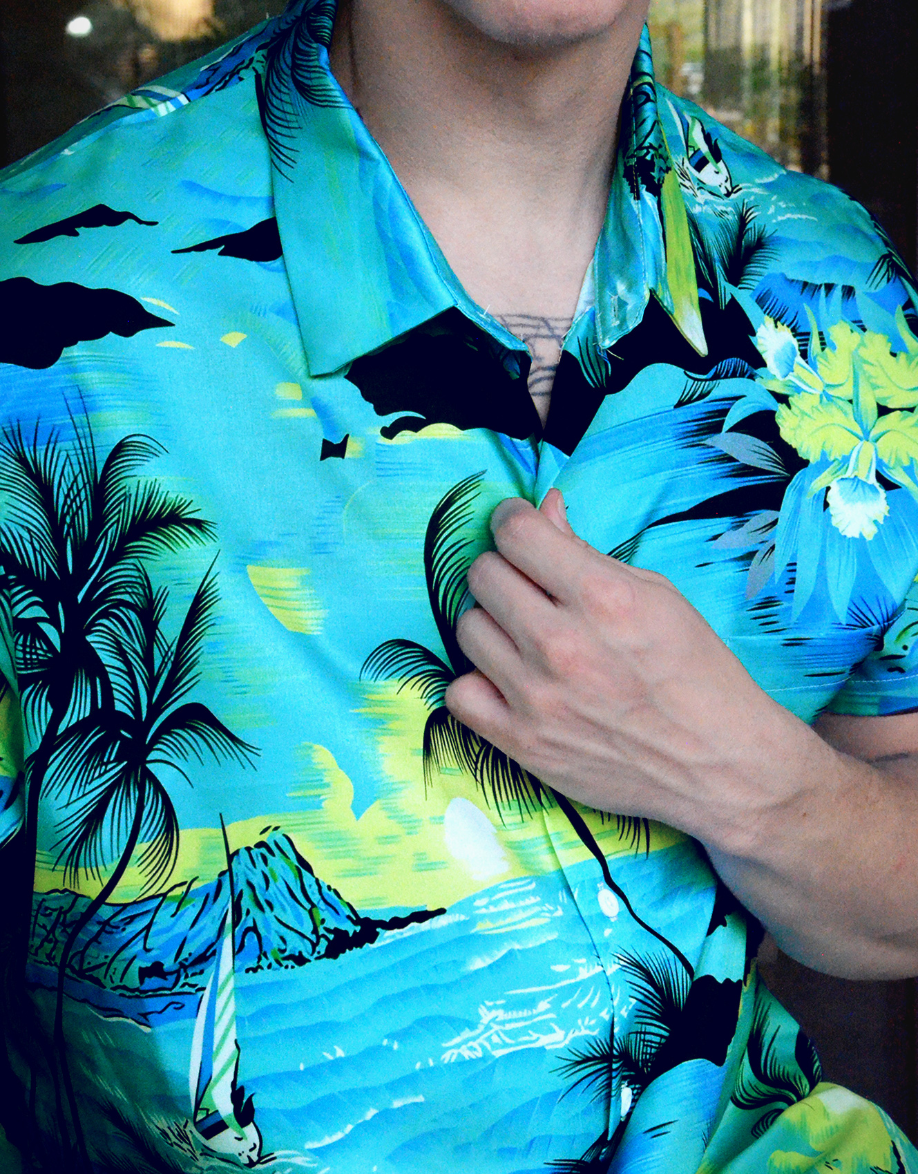 Men's Hawaiian Tropical Beach Print Button Down Shirt, Short Sleeve, Blue and Green Palm Trees
