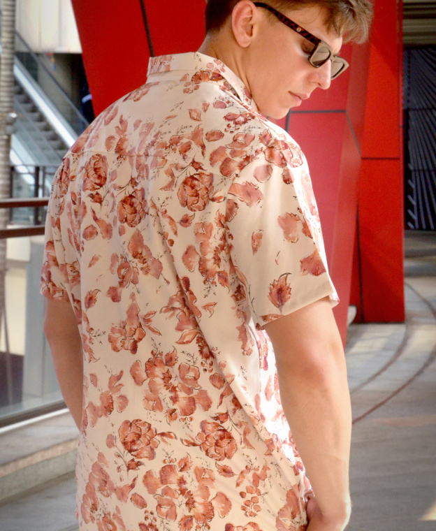 Men's Floral Print Short Sleeve Button Down Shirt, White and Coral Pink, Casual Hawaiian Style