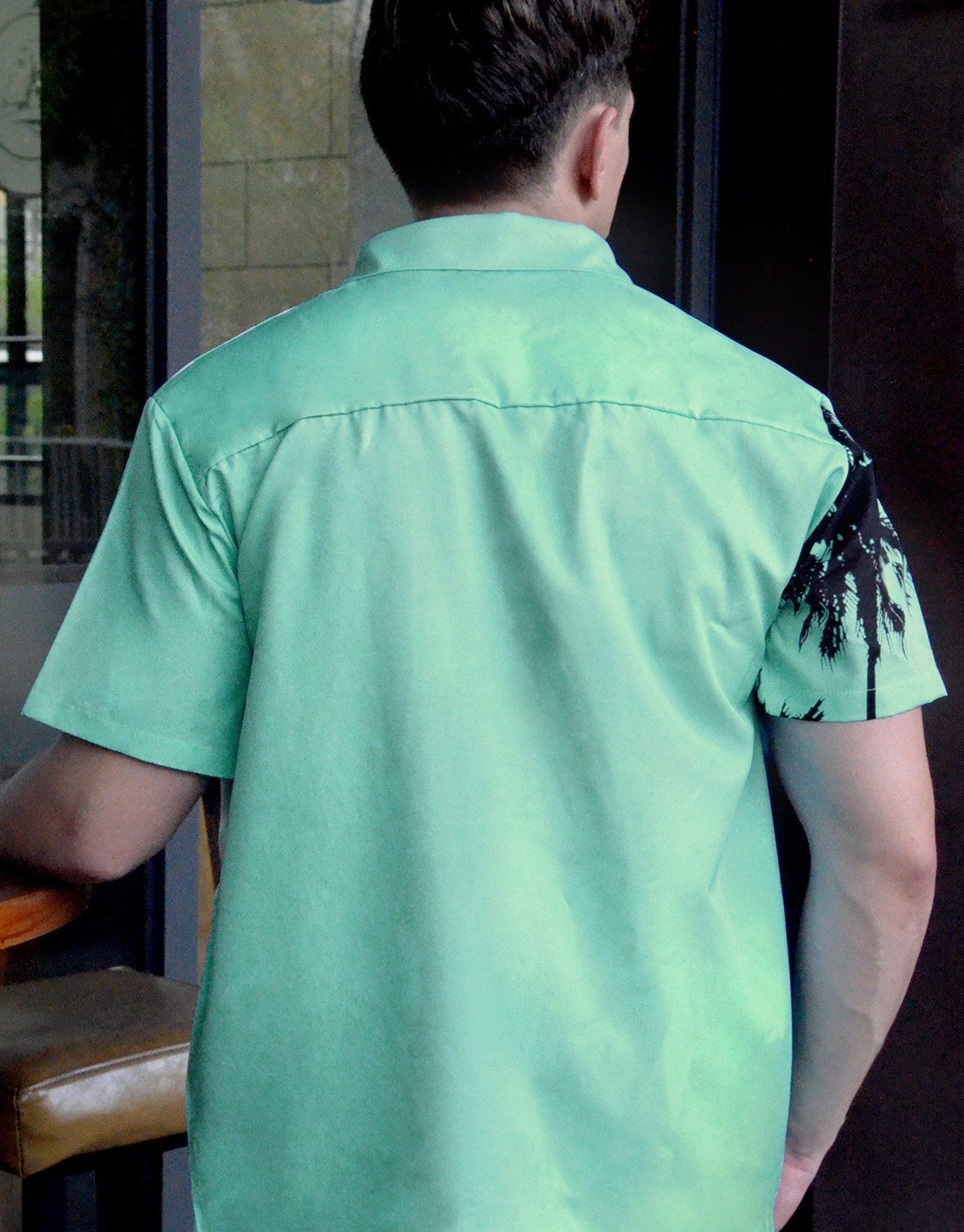 Men's Hawaiian Shirt, Palm Tree Print, Striped Design, Short Sleeve Button Down, Mint Green