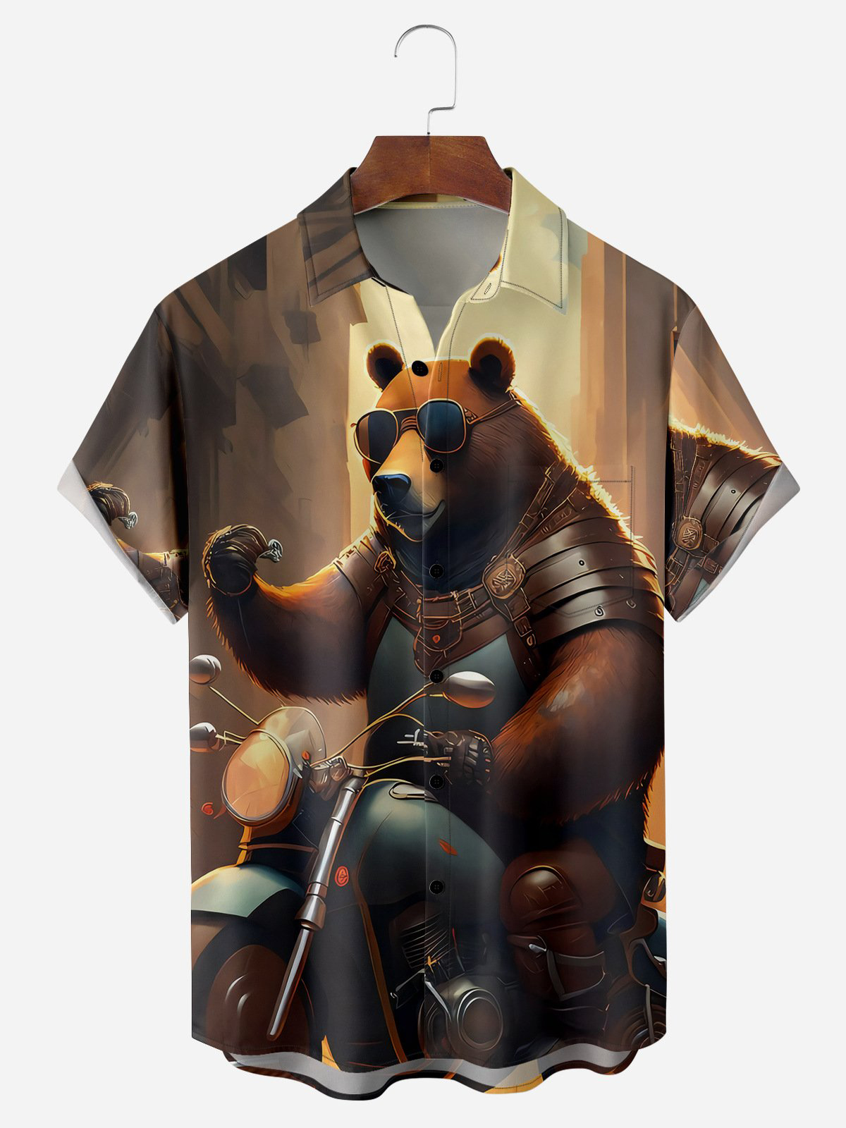 Men's fun casual cartoon motorcycle bear short sleeved pocket shirt