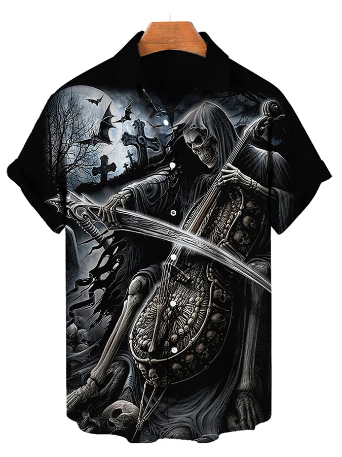 Men's casual music violin skull short sleeved pocket shirt