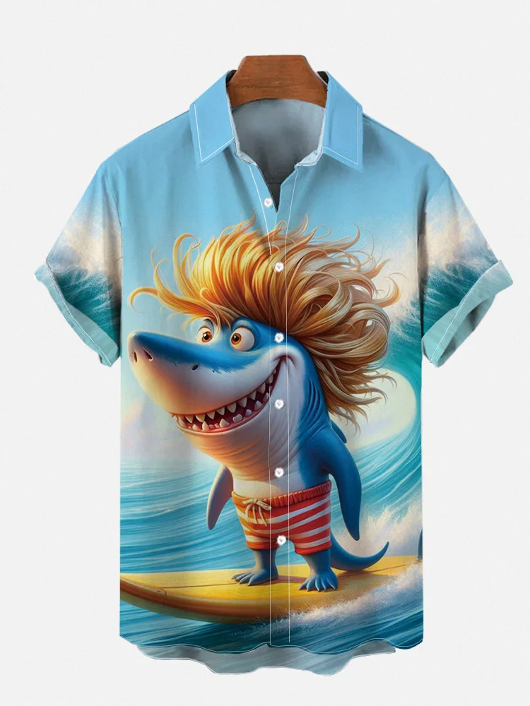 Hawaii Fun Shark Beach Surf Holiday Casual Short Sleeve Shirt