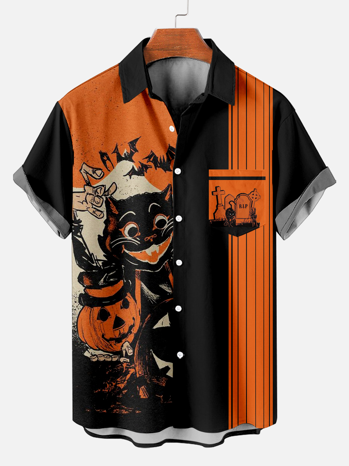 Men's Classic Striped Halloween Print Short Sleeve Shirt