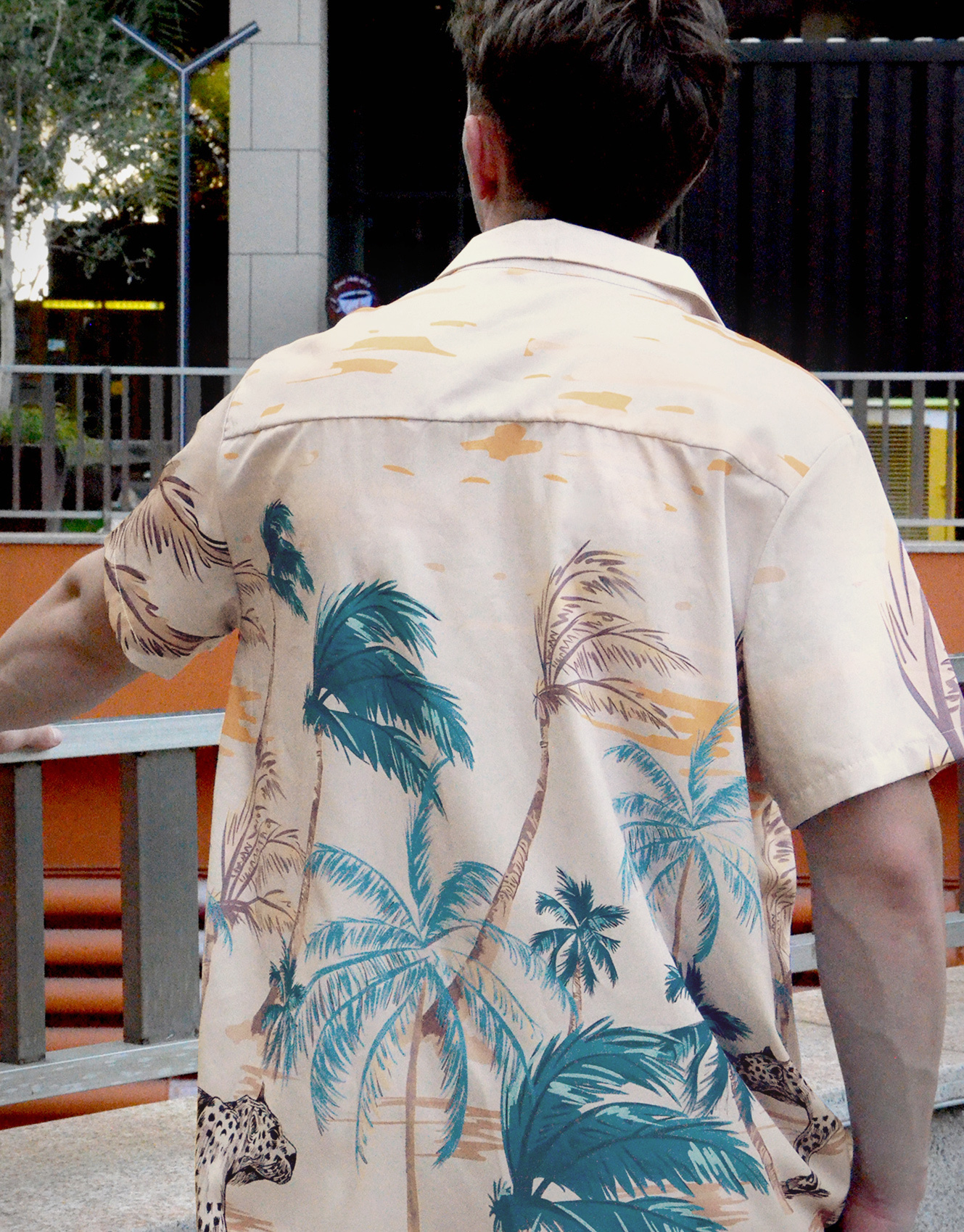 Men's Hawaiian Shirt, Short Sleeve Button Down, Palm Tree Print, Beige