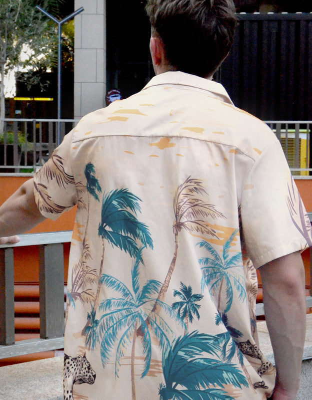 Men's Hawaiian Shirt, Short Sleeve Button Down, Palm Tree Print, Beige