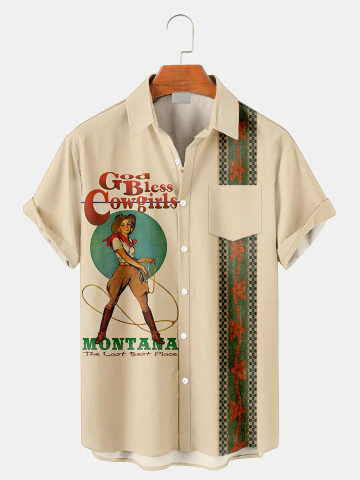 Men's Western Cowboy Style Graphic Short Sleeve Shirt