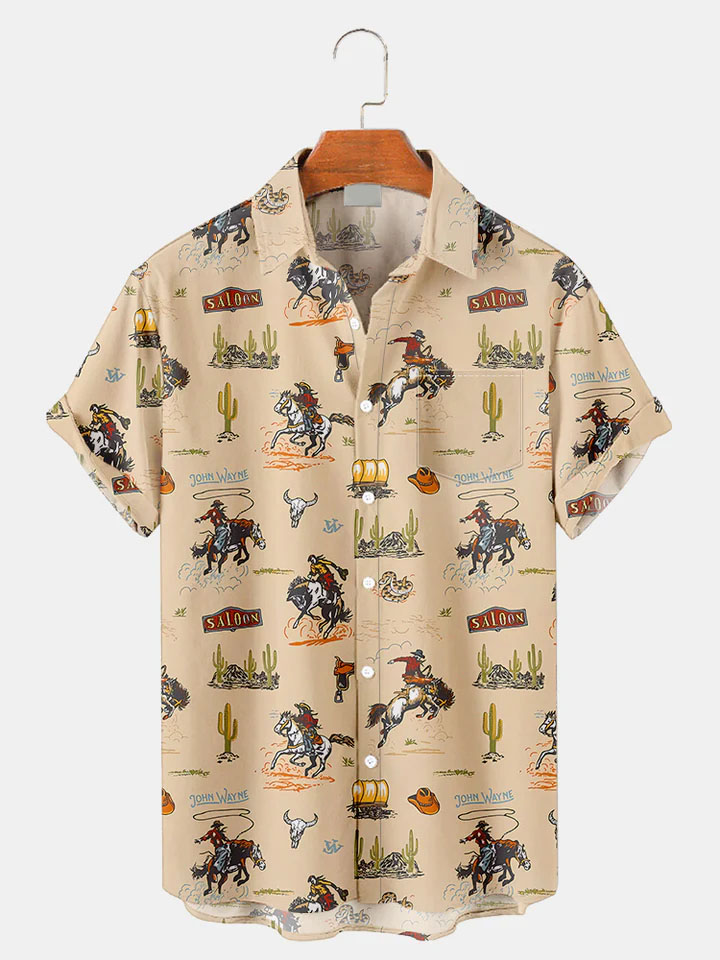 Men's Western Cowboy Style Graphic Short Sleeve Shirt