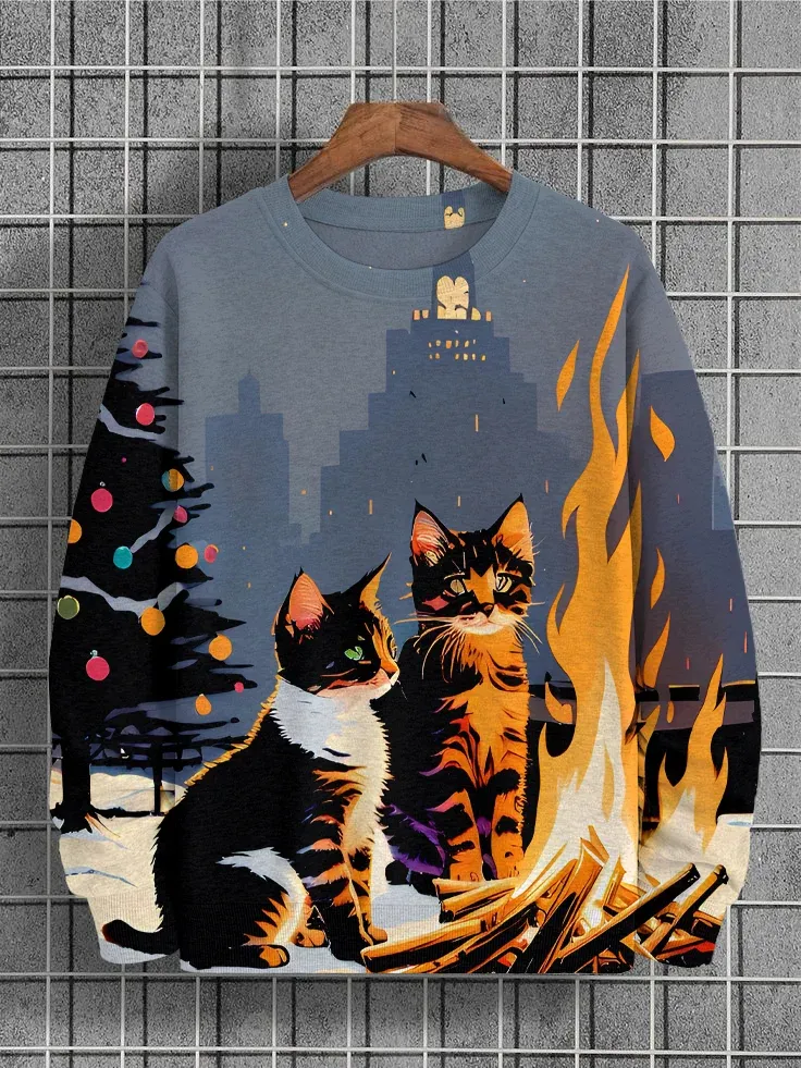 Men's Christmas Tree Cats Illustration Print Casual Sweatshirt
