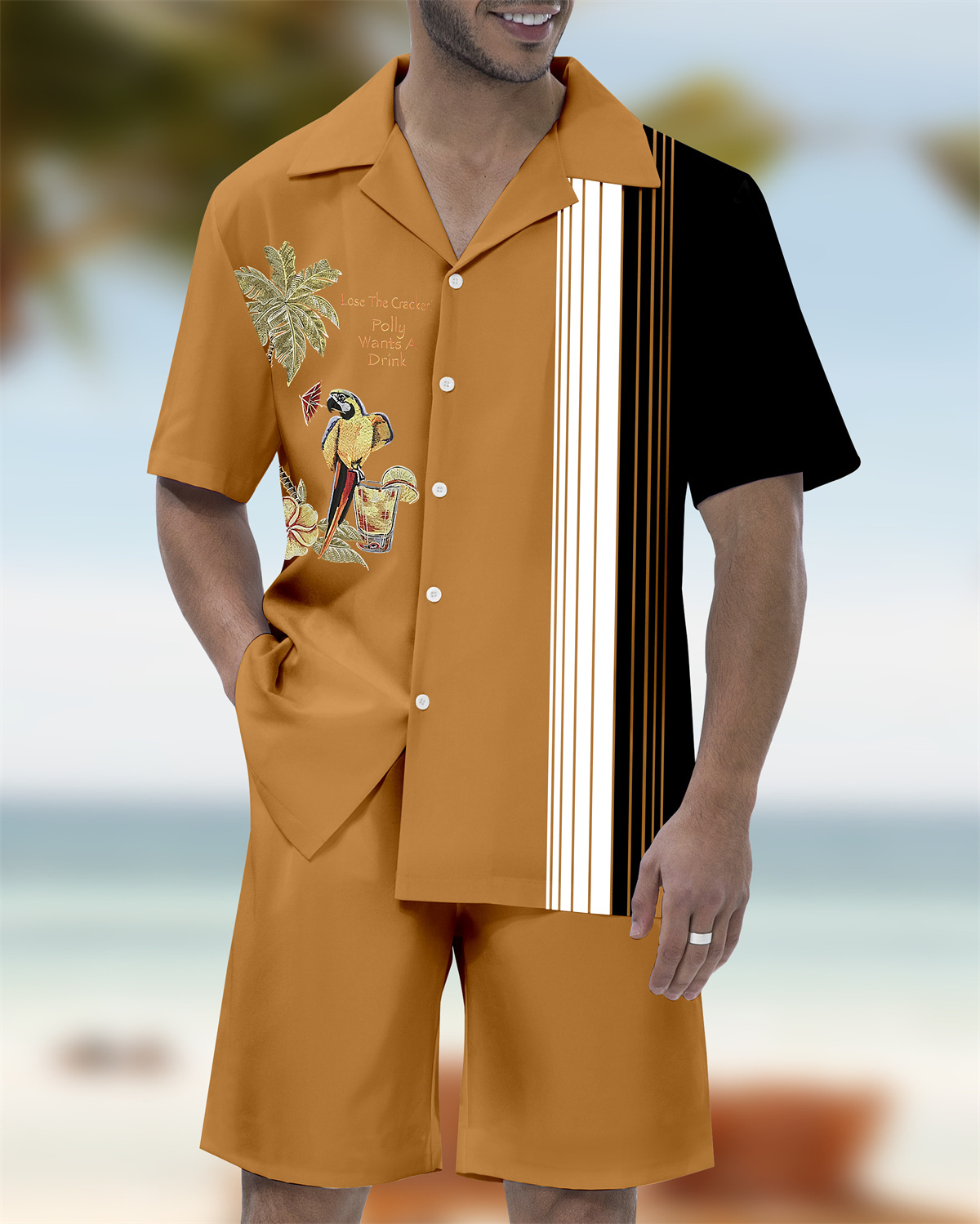 Men's Parrot Head Party Hawaiian Cuban Collar Short Sleeve Shirt Set